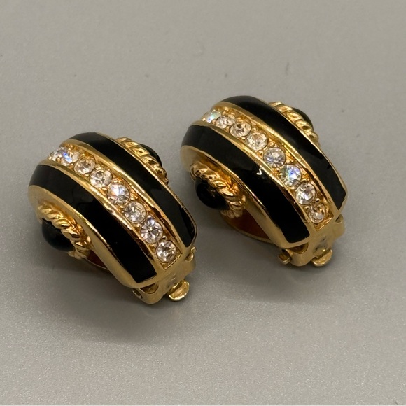 Swarovski Gold and Black Enamel with Crystal Huggie Clip Earrings - Picture 1 of 7